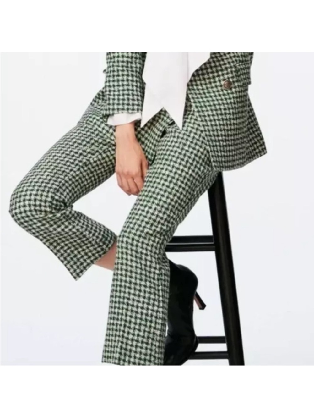 Zara Structured Mini Flare Pants Houndstooth Textured Green White Women’s Size S